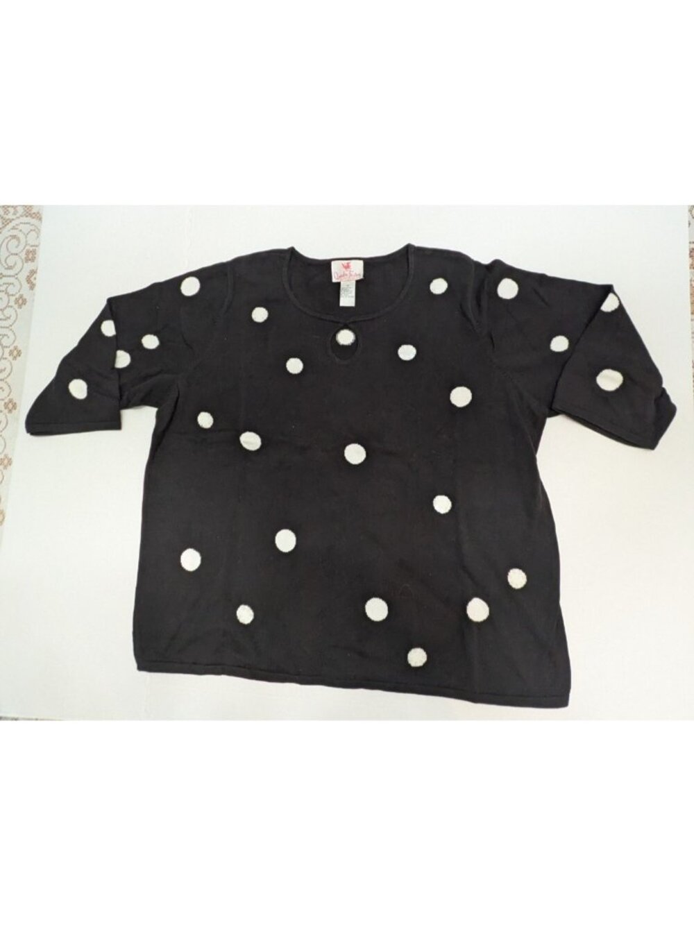 Quacker Factory Polka Dot Sweater Sz 2X Black and White Keyhole Neck Detail